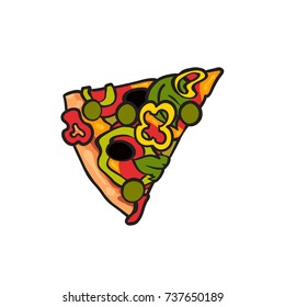 Vector flat pizza slice with pepper, olives cheese and peas. Fast food cartoon isolated illustration on a white background. Italian food icon. Restaurant, cafes advertising object