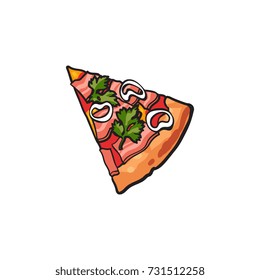 Vector flat pizza slice with salad parsley onion and ham. Fast food cartoon isolated illustration on a white background. Italian food icon. Restaurant, cafes advertising object