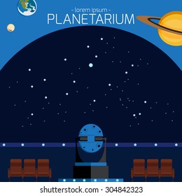 Vector flat planetarium illustration. Interior of Star Hall. Stars in space.