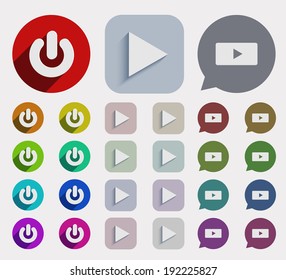 Vector flat play icons set. circle and square variants
