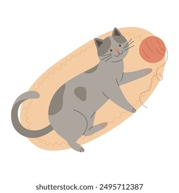 Vector Flat Playing Gray Tabby Cat with a Ball of Thread. Cartoon Cat. Cute and Funny Cat in Side View