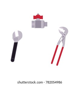 vector flat plumbing tools and equipment set. monkey plumbing or mechanic adjustable wrench or spanner, pipe wrench and water valve with fittings . Isolated illustration on a white background.