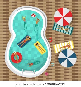 Vector flat pool party poster, banner with swimming man, woman, people lying on a lounger near sunshade, inflatable mattress ring ball. Summer vacation invitation card template illustration background