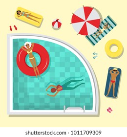 Vector flat pool party poster, banner with swimming man, woman, people lying on a lounger near sunshade, inflatable ring and ball. Summer vacation invitation card template, illustration background