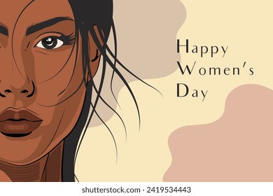 Retrato vectorial plano de una hermosa mujer africana cercana en tonos mudos naturales. Plantilla de la tarjeta de felicitación del Día Internacional de la Mujer.
