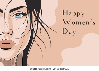 Vector flat portrait of a beautiful young woman close up on a minimalistic abstract background in delicate natural shades. International Women's Day greeting card template.

