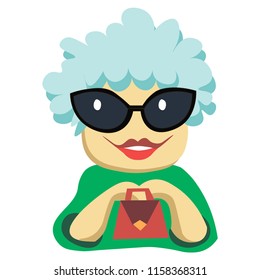 vector flat portrait of a fashionable grandmother wearing glasses with a bag, cartoonish, funny with a smile