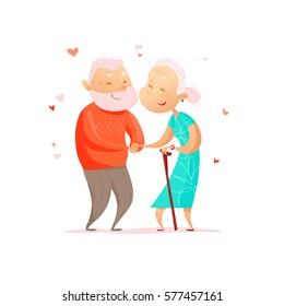 Vector flat portrait of old cute loving couple isolated on white background. Cartoon style. Love forever. Grandparents characters illustration. Happy people. Good for lovely postcard design.