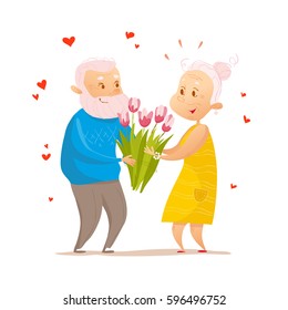 Vector flat portrait of old cute loving couple isolated on white background. Cartoon style. Love forever. Grandparent character illustration. Happy people with flowers. Good for lovely postcard design