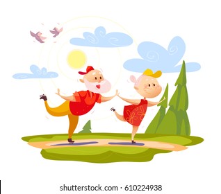 Vector flat portrait of old cute loving couple roller skating. Cartoon style. Love forever. Grandparent character illustration. Happy people skating. Healthy lifestyle. Good for postcard design