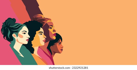 Vector flat Postcard banner horizontal poster space for text for International Women's Day strong women of different cultures and nationalities stand together sideways. Vector concept of gender equali