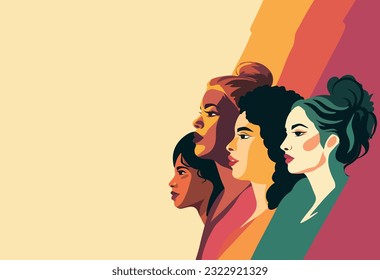 Vector flat Postcard banner poster place for text for International Women's Day strong women of different cultures and nationalities stand side by side together. Vector concept of gender equality and 