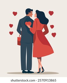 Vector flat postcard with Valentine's Day. Man in suit and woman in dress walk and hug, symbolizing love, romance and care. Lovers. For love sites, invitations, dating apps, posters, banners