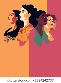 Vector flat postcard vertical banner poster space for text for International Women's Day strong women of different cultures and nationalities stand side by side together. Vector concept  - Shutterstock ID 2324242737