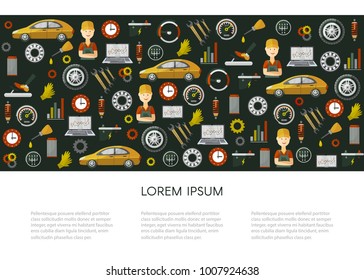 vector flat poster with car service symbols pattern. Man professional mechanis, car parts repairing process, tools, equipment and laptop with growing performance graph illustration