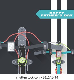 Vector flat poster of Happy Father's Day bicycle race in the city top view from the first person.