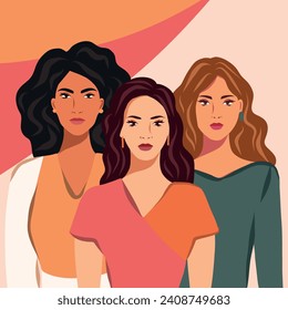 Vector flat poster for International Women's Day, strong beautiful free women of different cultures and nationalities stand together. The concept of the movement for gender equality and women's rights