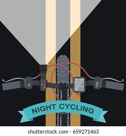 Vector flat poster of night cycling in the city top view from the first person.