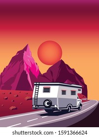 Vector flat poster on theme road trip, Caravan, flat style web banner on road trip, natural landscape, mountains, camping, vacation concept, outdoor recreation. Trip and sunset illustration.