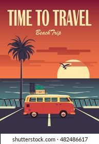 Vector Flat Poster On The Theme Of Summer Vacation On Beach Featuring Retro Car With Birds  And Palm Silhouette