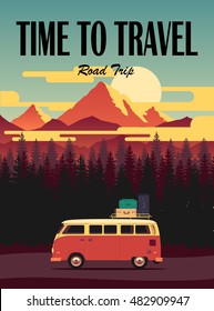 Vector flat poster on theme road trip, adventure, trailering, outdoor recreation, adventures in nature, vacation. Modern flat design. Time to travel 