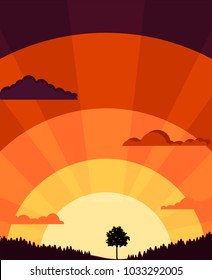 vector flat poster of sunset over the forest. graphic nature illustration