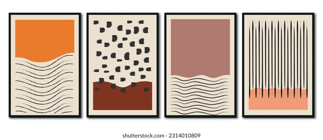 Vector flat posters. Minimalist illustrations with geometric shapes and pastel tones. Vintage style. Design for wall decoration, card, poster or brochure.