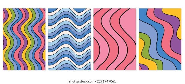 Vector flat posters. Wavy backgrounds in the colors of the 70s. Bright colors that will decorate your product. Perfect for wallpaper, print, cover, card, home decor and textiles.