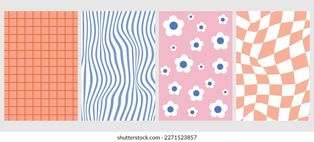 Vector flat posters. Y2k backgrounds. Illustration with daisy, checkerboard, swirl pattern. Fashionable retro style of the 70s. Suitable for cover, postcard, screen saver and textile decoration.