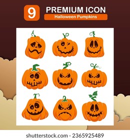 Vector flat premium icon set halloween orange pumpkin.