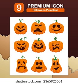 Vector flat premium icon set halloween orange pumpkin.