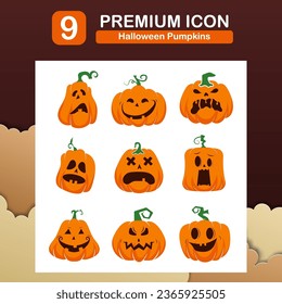 Vector flat premium icon set halloween orange pumpkin.
