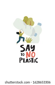 Vector flat print - People sort garbage, waste, plastic. Stop plastic vector illustration.