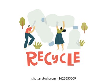 Vector flat print - People sort garbage, waste, plastic. Stop plastic vector illustration.