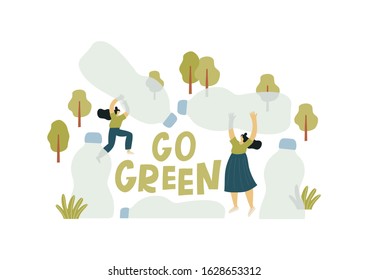 Vector flat print - People sort garbage, waste, plastic. Stop plastic vector illustration.