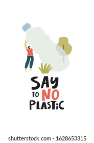 Vector flat print - People sort garbage, waste, plastic. Stop plastic vector illustration.