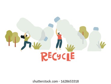 Vector flat print - People sort garbage, waste, plastic. Stop plastic vector illustration.