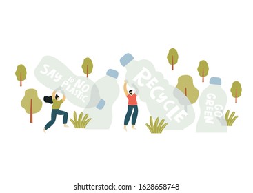Vector flat print - People sort garbage, waste, plastic. Stop plastic lettering vector illustration.