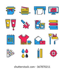 Vector flat printing icons set in cmyk colors. Printer, plotter, paints and paper, stationery and corporate identity line illustration. Concept for copy center, printing service, publishing design.