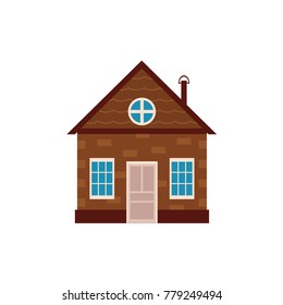 vector flat private wooden house with door, windows icon. Symbols of house rent, sale, real estate and insurance. Isolated illustration on a white background.
