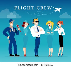 Vector Flat Profession Character. Human Profession Icon. Friendly Happy People Portrait.  Business Team Working Group Flight Crew People Set. Woman, Girl, Lady Icon. Man, Boy, Guy Icon. Cartoon Style.