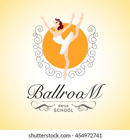Vector flat profession character. Human profession icon. Friendly, happy ballerina portrait.  Ballroom school dance logo design. Woman, girl, lady dancing icon. Cartoon style.