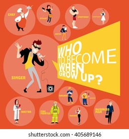 Vector flat profession characters. Human icon. Profession character. Friendly people. Woman lady girl icon. Man, boy, worker icon set. Artistic people isolated in bubbles. Text question message.