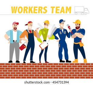 Vector Flat Profession Characters. Human Profession Icon. Friendly, Happy People Portrait.  Business Team, Building, Construction Working Group, Crew People Set. Man, Boy, Guy Icon. Cartoon Style.