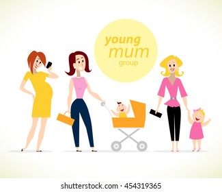 Vector flat profession characters. Mum and baby icon. Friendly, happy people portrait. Family group, young mother and kid set. Girl, lady icon. Pregnant woman icon. Cartoon style.