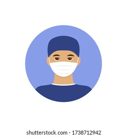 Vector flat profession doctor colorful icon. Medical face mask. Male avatar