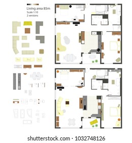 Vector flat projection with furniture Set on a Scale of 1 to 10