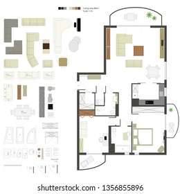 Vector flat projection with furniture. Set. Scale 1:10