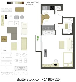 Vector flat projection with furniture. Set. Scale 1:10