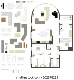 Vector flat projection with furniture. Set.